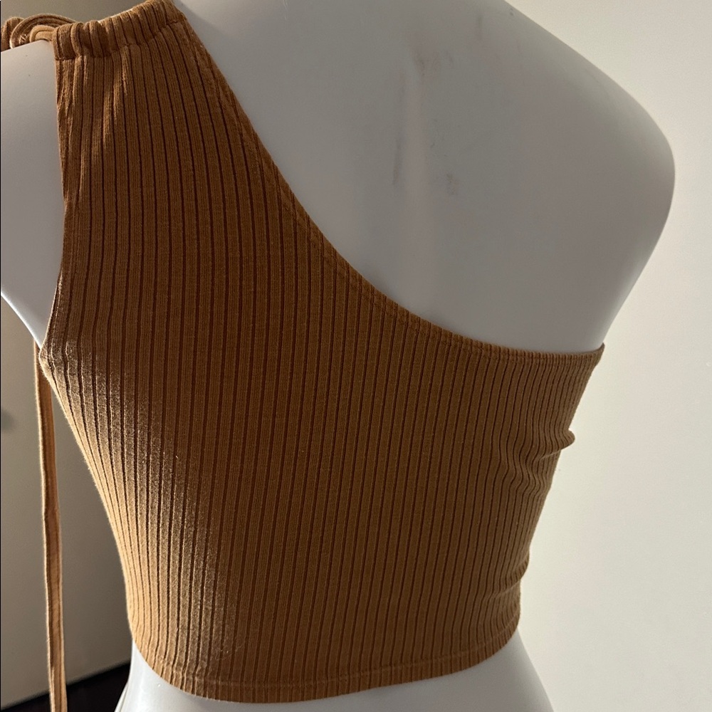 Brown Ribbed One-Shoulder Top - Picture 5 of 5